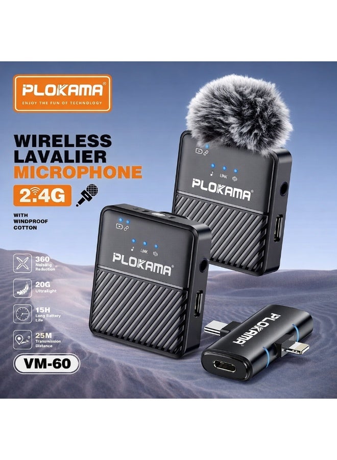 مايك وايرلس من ماركة Plokama الأوريجينال لافاليير لتسجيل الصوت – 2.4G – صوت نقي وعزل الضوضاء – بطاريه قويه – متوافق لجميع الأجهزه Type C والايفون مثالي لصناعة المحتوى والفيديوهات والبث المباشر